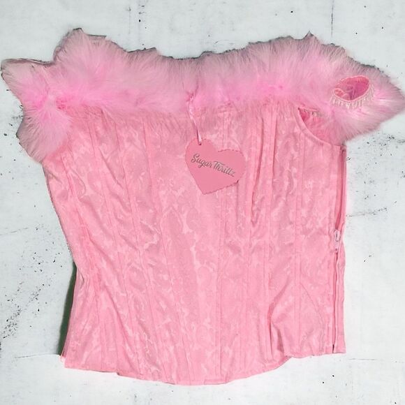 Dolls Kill Sugar Thrillz TURNOUT FOR WHAT JACQUARD BUSTIER Feathered Corset Top - Picture 4 of 5